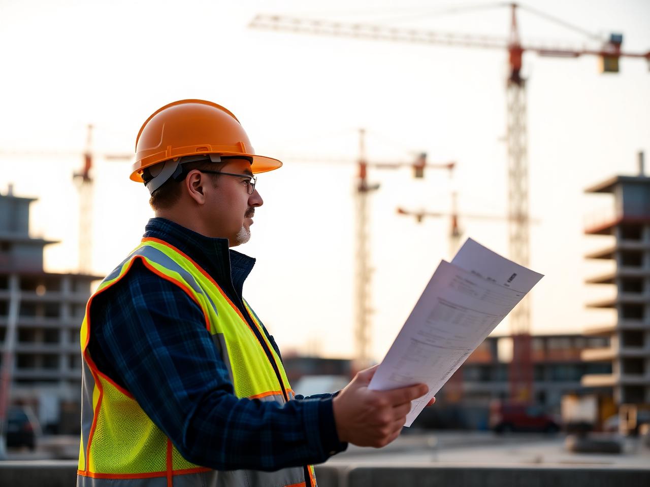 LR Contractors project manager reviewing blueprints on a commercial jobsite